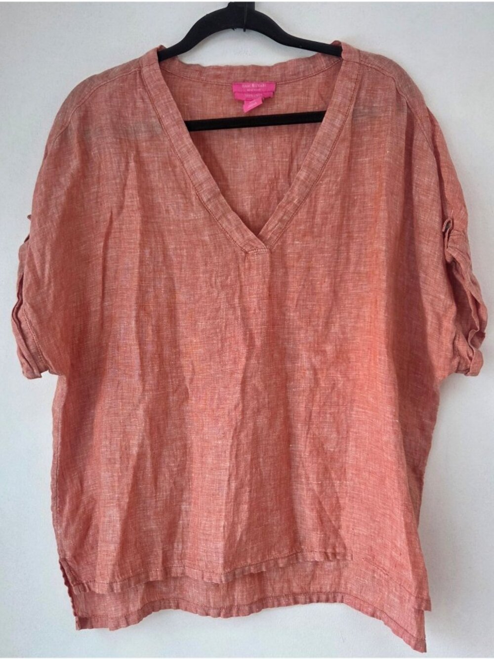 Isaac Mizrahi 100% Linen Coral Popover Tunic Blouse Top Shirt Lagenlook XL